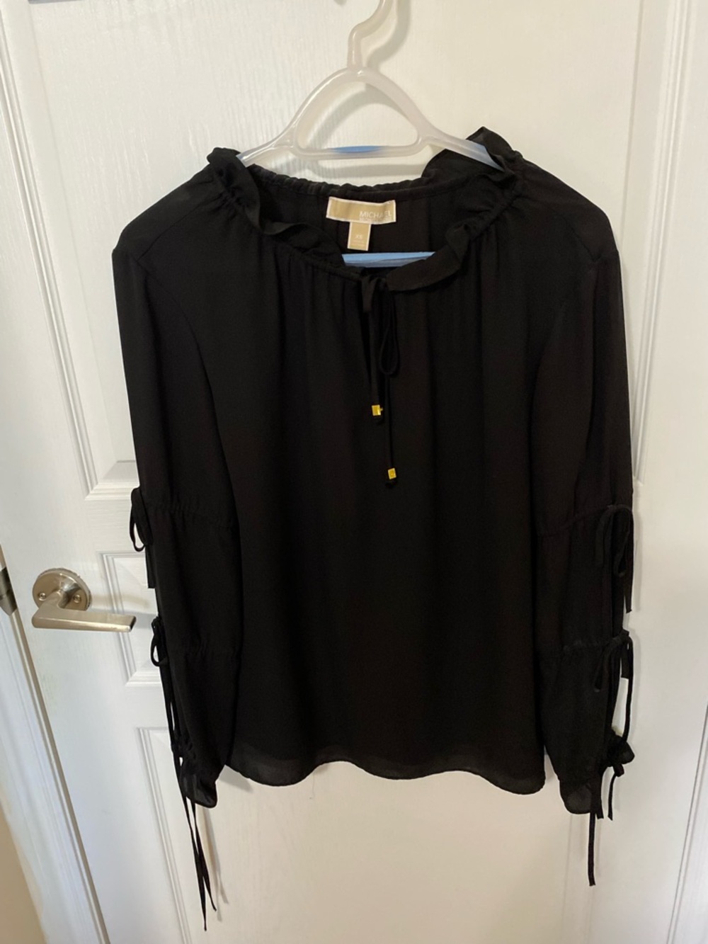Women’s Black Ruffle Neck Tie-Sleeve Blouse